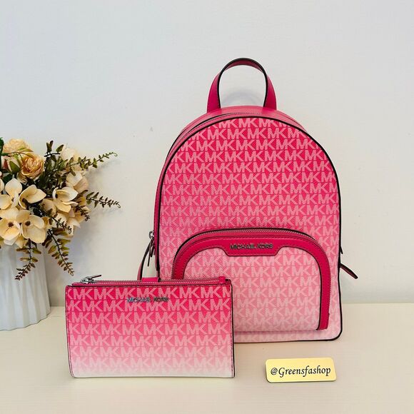 Michael Kors Jaycee Medium Ombré Signature Logo Backpack & wallet Dragonfruit - Picture 1 of 12
